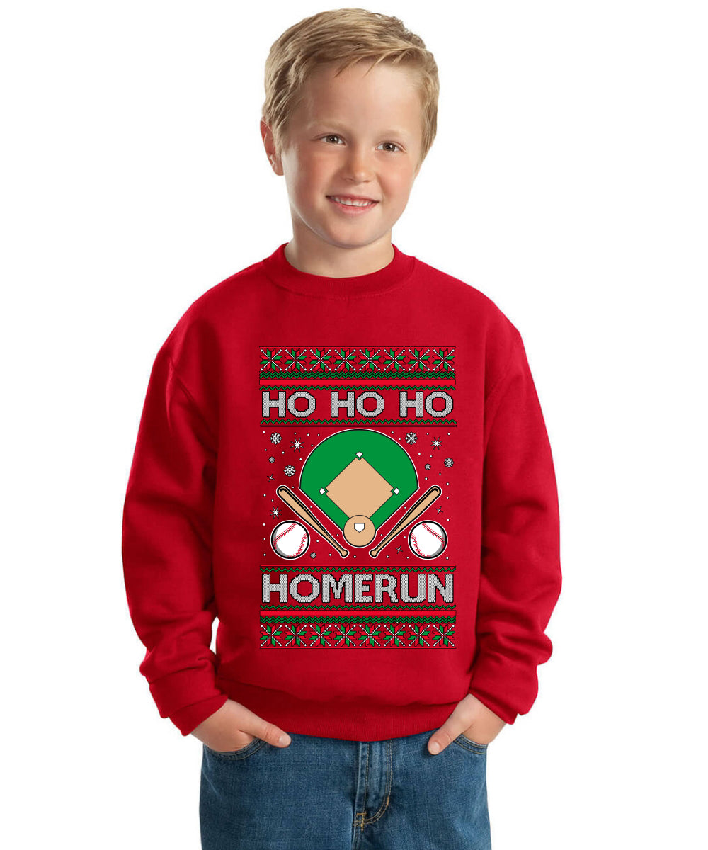Ho Ho Ho Homerun, Baseball Fan Christmas Design Ugly Christmas Sweater For Kids | Unisex Boys Girls Crewneck Graphic Sweatshirt
