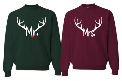 Mr Mrs Reindeer Red Nose, Funny Classic Xmas Couples Sweatshirt Ugly Christmas Matching Couple Crewneck Sweater Crewneck Sweatshirt