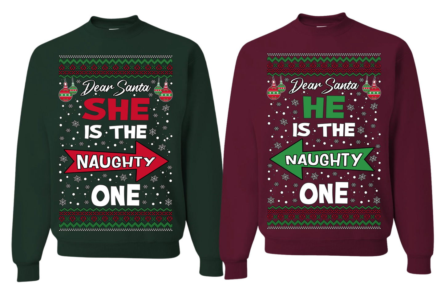 She is Naughty One, He is the Naughty One Funny Couples Sweatshirt Ugly Christmas Matching Couple Sweater Crewneck Sweatshirt