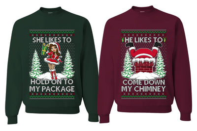 Come Down My Chimney Hold My Package Sweater Girlfriend Boyfriend Gift His and Hers Matching Ugly Christmas Couple Crewneck Sweatshirt