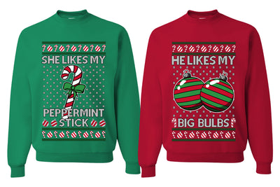 She Likes My Peppermint Stick, He Likes My Big Bulbs Sweater Girlfriend Boyfriend Gift His and Hers Matching Ugly Christmas Couple Crewneck Sweatshirt