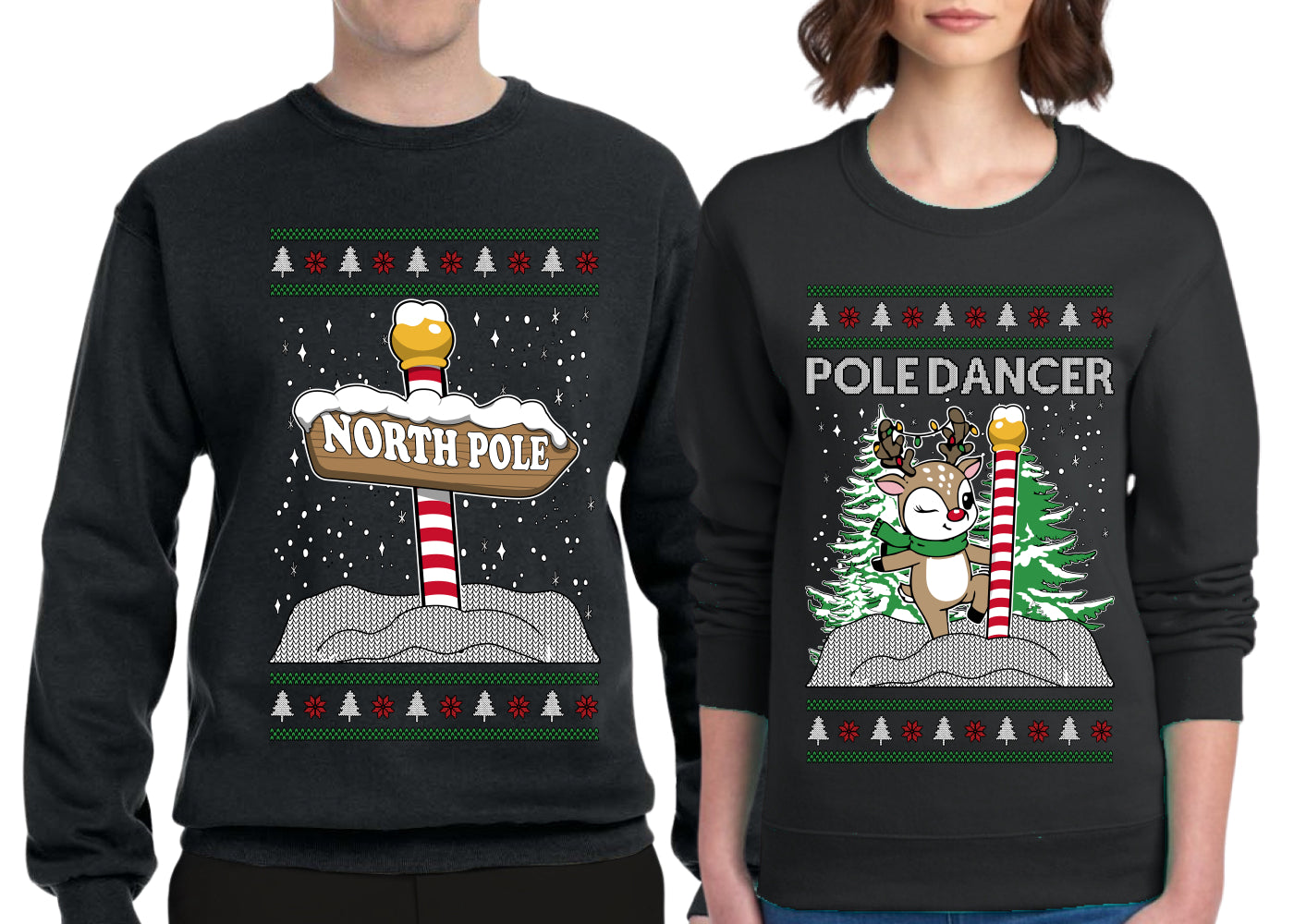 North Pole, Pole Dancer Sweater Girlfriend Boyfriend Gift His and Hers Matching Ugly Christmas Couple Crewneck Sweatshirt