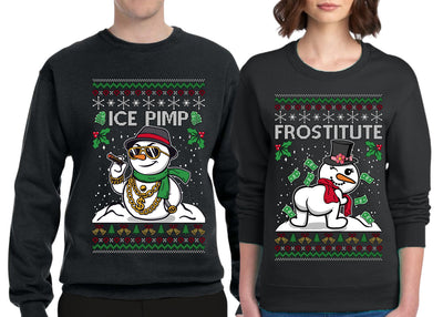 Frostitute Ice Pimp Snowmen Sweater Girlfriend Boyfriend Gift His and Hers Matching Ugly Christmas Couple Crewneck Sweatshirt