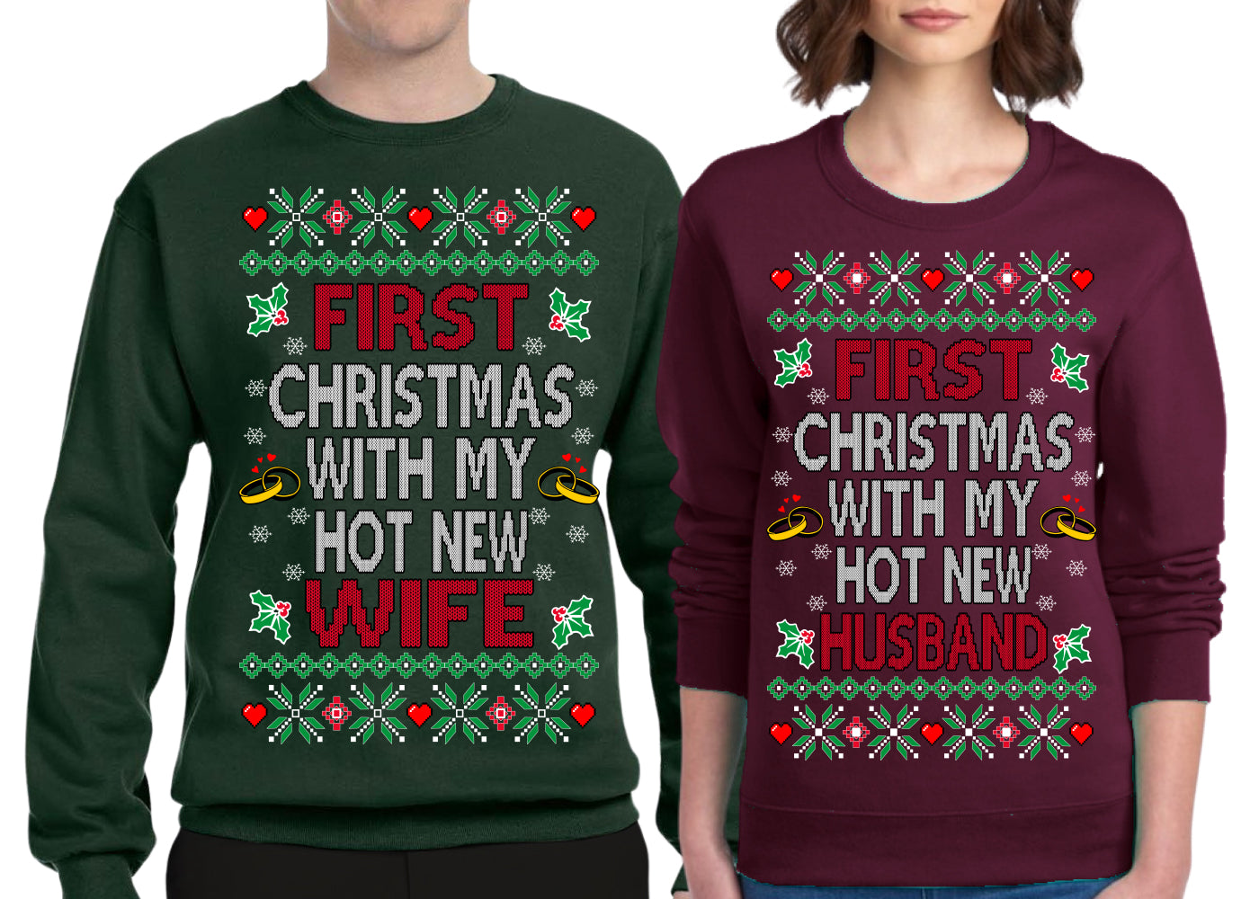 First Christmas With My Hot New Husband, New Wife, Classic Just Married Winter Holiday Newlywed Fiancee Marriage Wedding Girlfriend Boyfriend Gift His and Hers Matching Ugly Christmas Couples Sweater Crewneck Sweatshirt