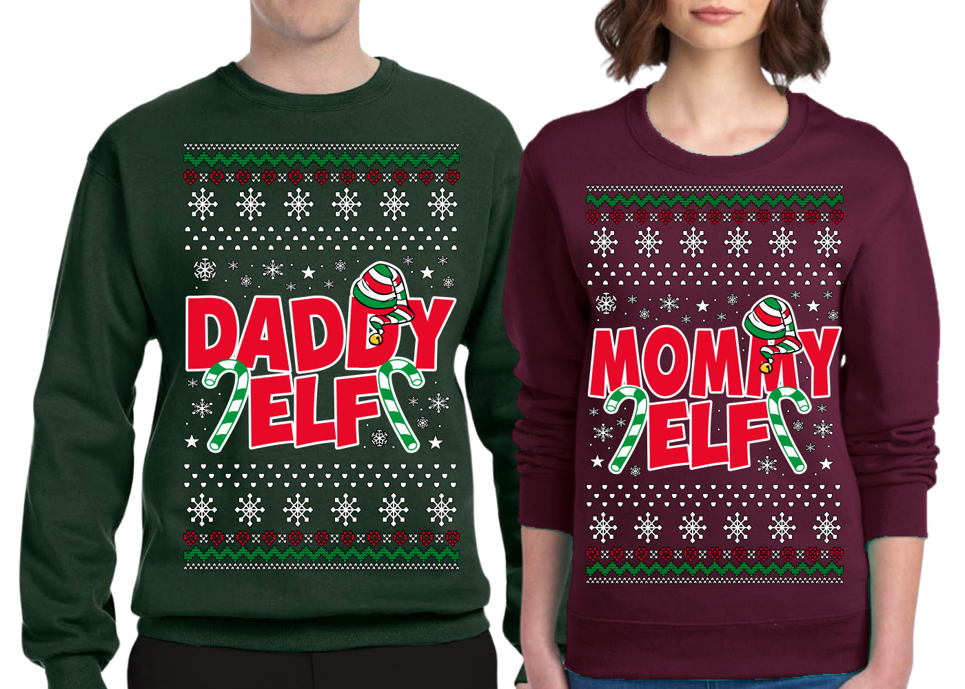 Daddy Elf, Mommy Elf Holiday Winter | Couples Cute Funny Girlfriend Boyfriend Gift His and Hers Matching Ugly Christmas Couples Sweater Crewneck Sweatshirt