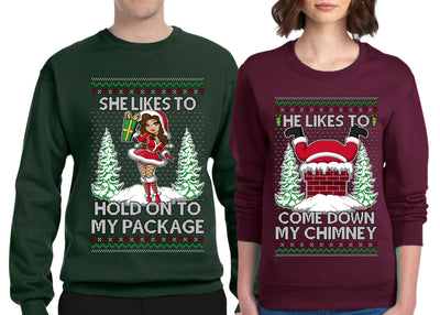 Come Down My Chimney Hold My Package Sweater Girlfriend Boyfriend Gift His and Hers Matching Ugly Christmas Couple Crewneck Sweatshirt