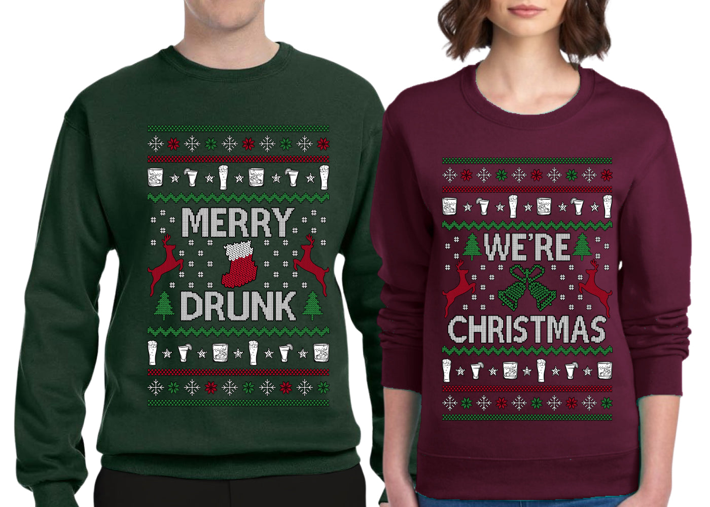 Merry Drunk We're Christmas Sweater Girlfriend Boyfriend Gift His and Hers Matching Ugly Christmas Couple Crewneck Sweatshirt