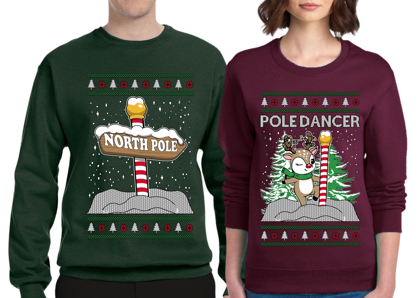 North Pole, Pole Dancer Sweater Girlfriend Boyfriend Gift His and Hers Matching Ugly Christmas Couple Crewneck Sweatshirt