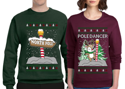 North Pole, Pole Dancer Sweater Girlfriend Boyfriend Gift His and Hers Matching Ugly Christmas Couple Crewneck Sweatshirt