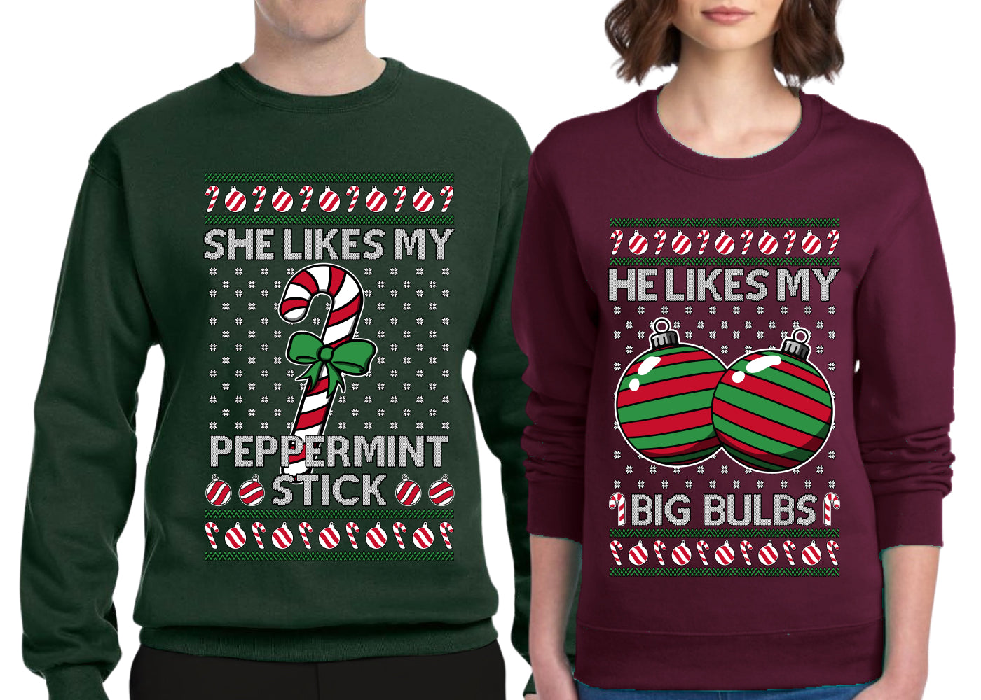 She Likes My Peppermint Stick, He Likes My Big Bulbs Sweater Girlfriend Boyfriend Gift His and Hers Matching Ugly Christmas Couple Crewneck Sweatshirt