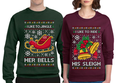 I Like To Jingle Her Bells, I Like To Ride His Sleigh Sweater Girlfriend Boyfriend Gift His and Hers Matching Ugly Christmas Couple Crewneck Sweatshirt