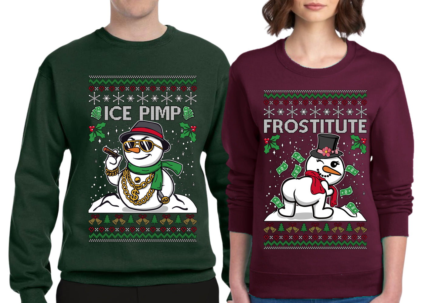 Frostitute Ice Pimp Snowmen Sweater Girlfriend Boyfriend Gift His and Hers Matching Ugly Christmas Couple Crewneck Sweatshirt