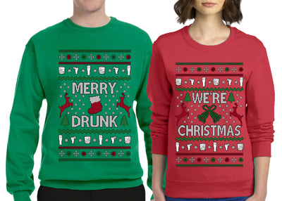 Merry Drunk We're Christmas Sweater Girlfriend Boyfriend Gift His and Hers Matching Ugly Christmas Couple Crewneck Sweatshirt