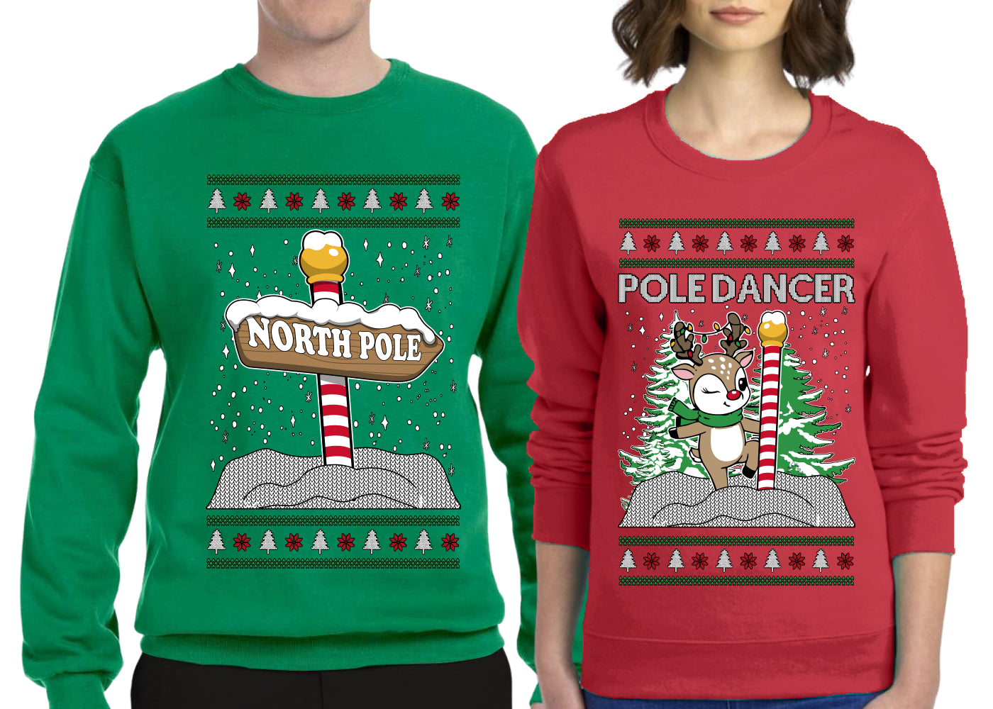 North Pole, Pole Dancer Sweater Girlfriend Boyfriend Gift His and Hers Matching Ugly Christmas Couple Crewneck Sweatshirt