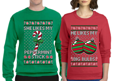 She Likes My Peppermint Stick, He Likes My Big Bulbs Sweater Girlfriend Boyfriend Gift His and Hers Matching Ugly Christmas Couple Crewneck Sweatshirt