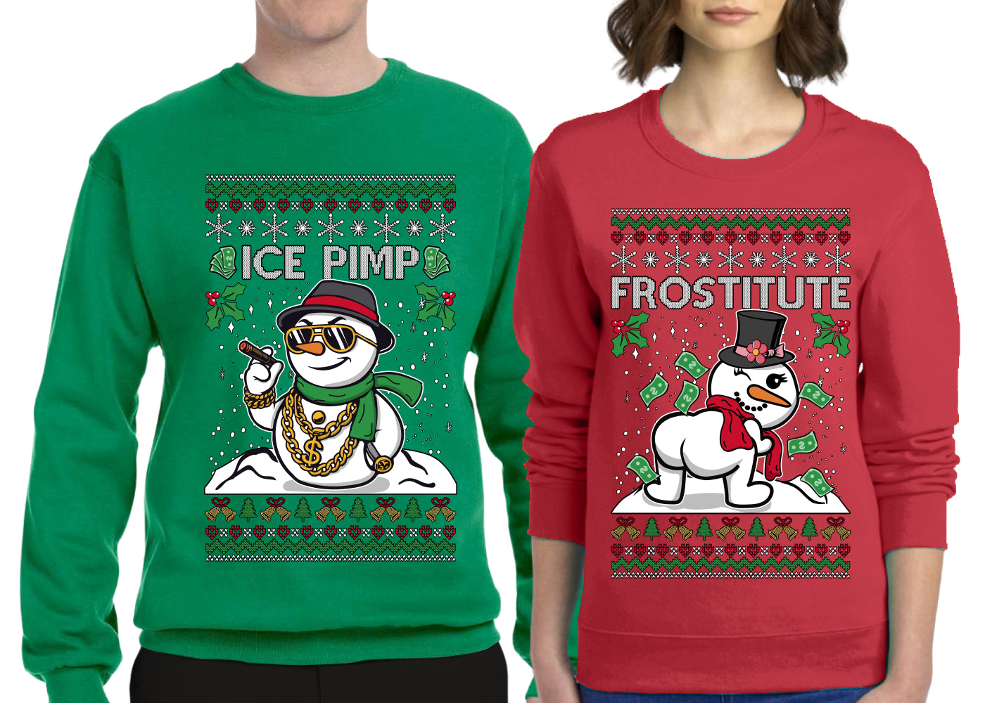 Frostitute Ice Pimp Snowmen Sweater Girlfriend Boyfriend Gift His and Hers Matching Ugly Christmas Couple Crewneck Sweatshirt