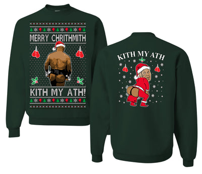 Merry Chrithmith Kith My Ath, Butt Viral Kiss My Ass Boxing Fight Meme, Funny Front and Back Unisex Ugly Christmas Sweater Crewneck Sweatshirt