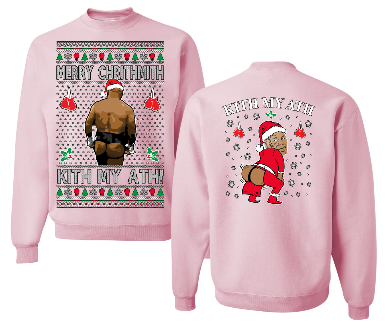 Merry Chrithmith Kith My Ath, Butt Viral Kiss My Ass Boxing Fight Meme, Funny Front and Back Unisex Ugly Christmas Sweater Crewneck Sweatshirt