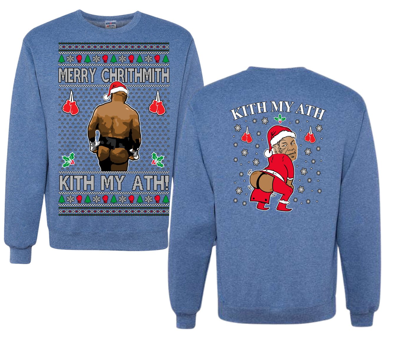 Merry Chrithmith Kith My Ath, Butt Viral Kiss My Ass Boxing Fight Meme, Funny Front and Back Unisex Ugly Christmas Sweater Crewneck Sweatshirt