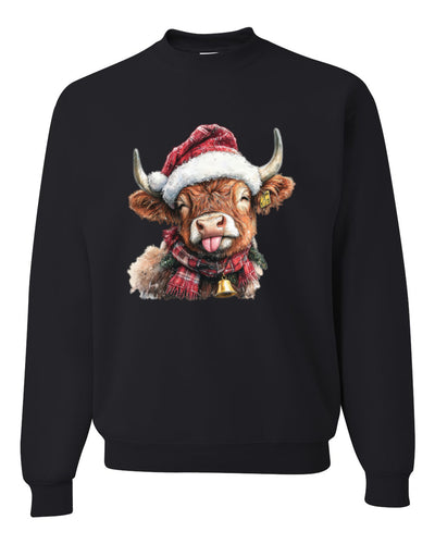 Cute Fluffy Christmas Cow with Santa Hat, Cute Christmas Design, Unisex Christmas Sweater, Crewneck Sweatshirts
