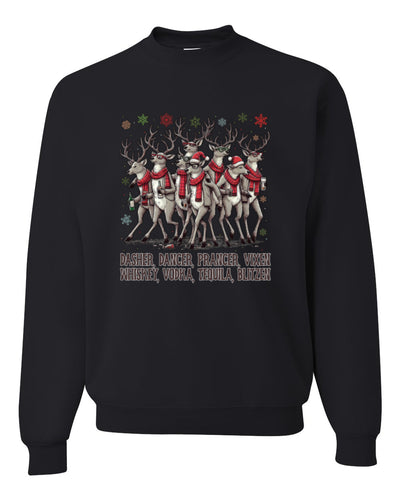 Dasher, Dancer, Prancer, Vixen, Whisky, Vodka, Tequila, Blitzen, Unisex Christmas Sweater, Crewneck Sweatshirts