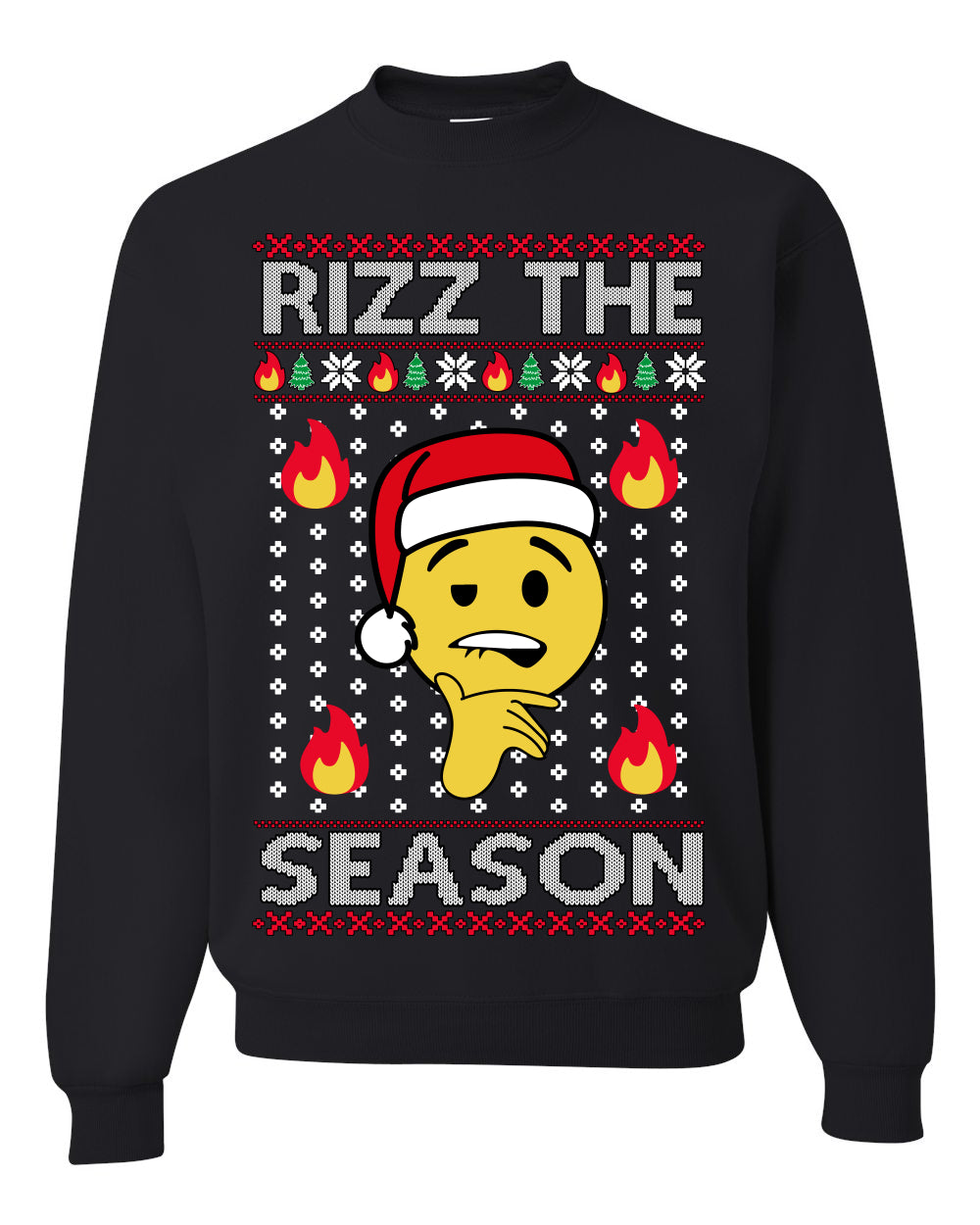 Rizz the Season Viral Internet Fire Emoji Face Meme Ugly Christmas Sweater Crewneck Sweatshirt