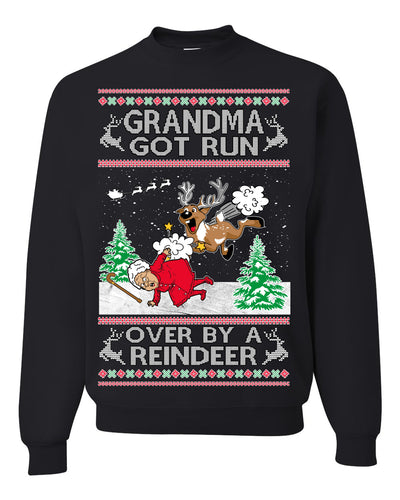 Grandma Got Run Over by a Reindeer, Funny Animated Design Rein Deer Kids TV Song Movie Ugly Christmas Sweater Crewneck Sweatshirt