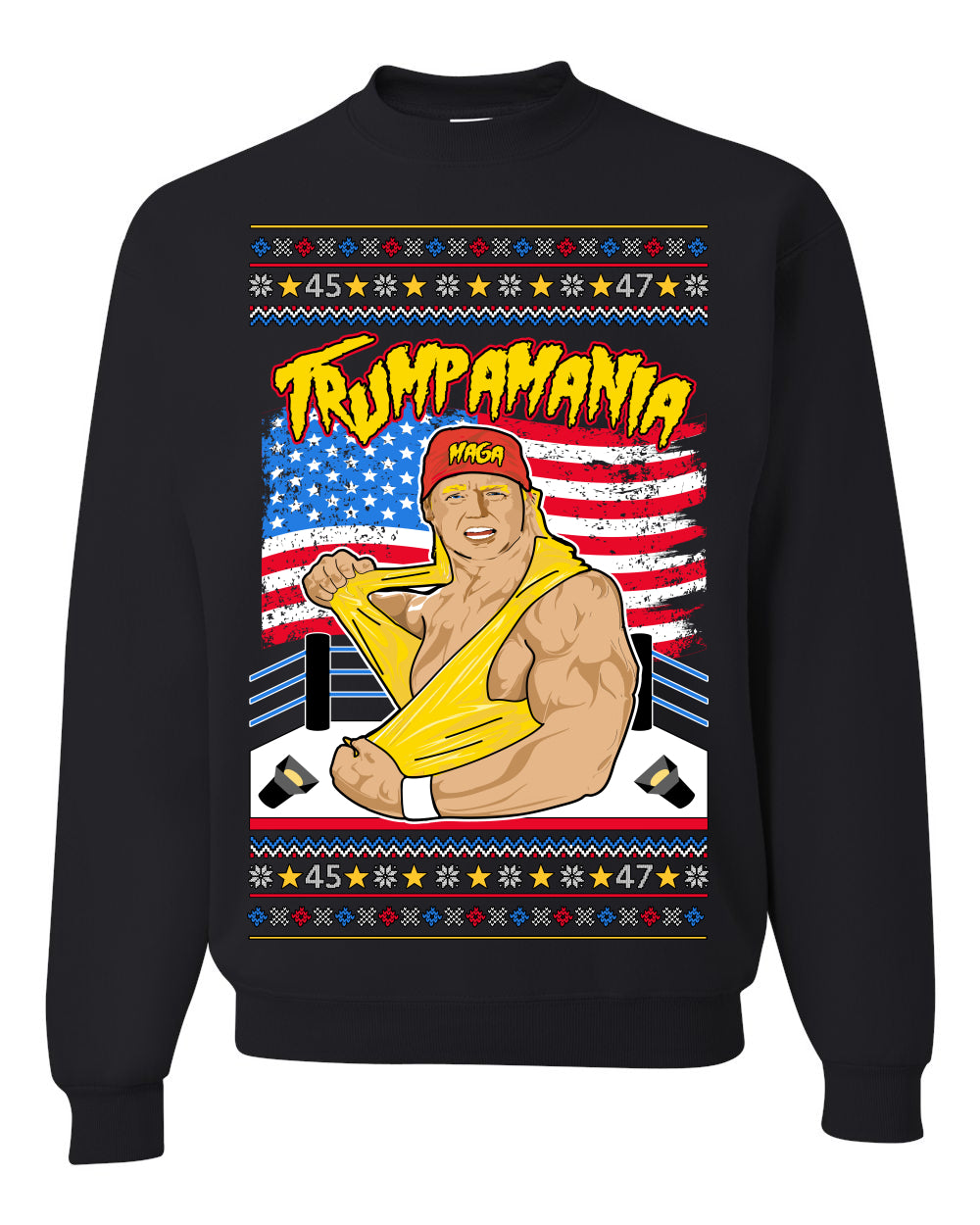 Trumpamania Funny Hogan 80s USA Wrestling Sports Parody Ugly Christmas Sweater Crewneck Sweatshirt