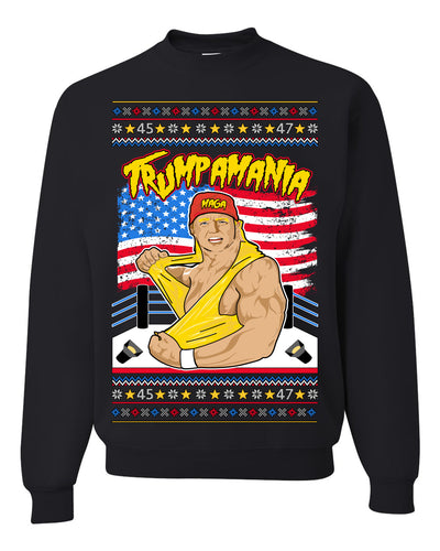 Trumpamania Funny Hogan 80s USA Wrestling Sports Parody Ugly Christmas Sweater Crewneck Sweatshirt