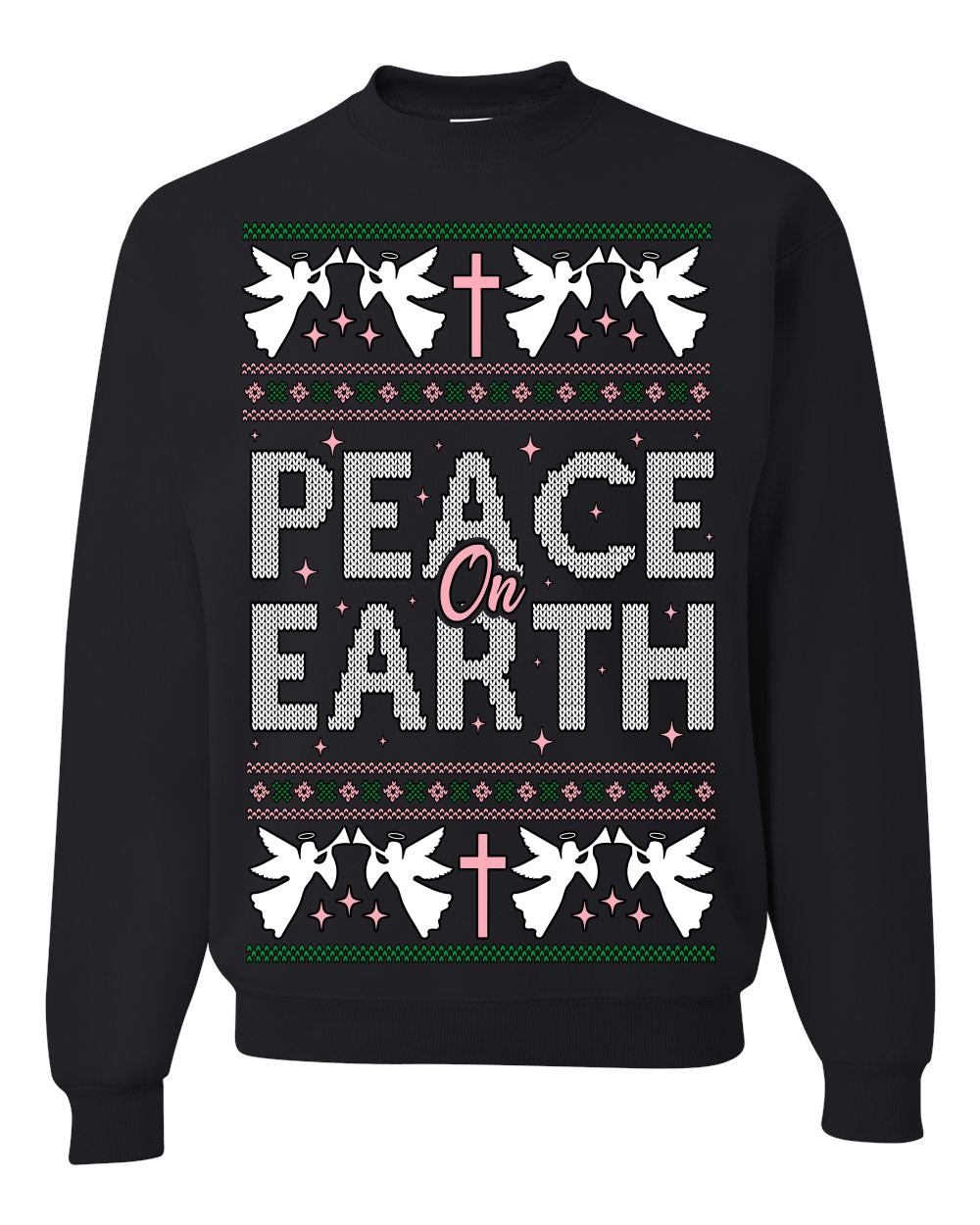 Peace On Earth Funny Xmas Cute Pink Angel Cross Ugly Christmas Sweater Crewneck Sweatshirt