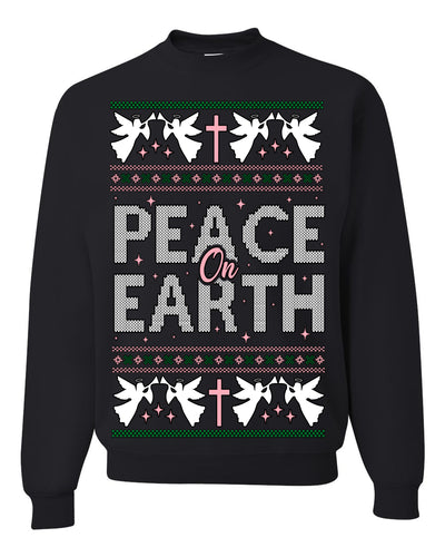 Peace On Earth Funny Xmas Cute Pink Angel Cross Ugly Christmas Sweater Crewneck Sweatshirt