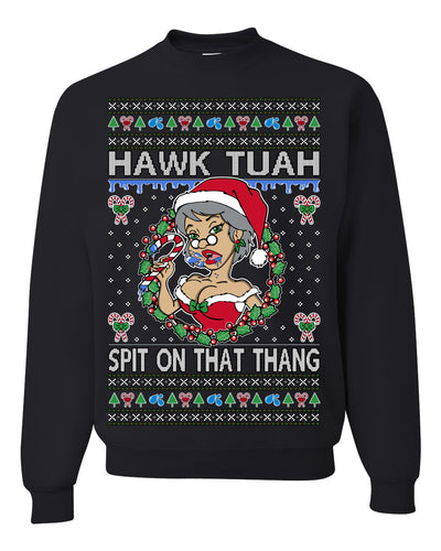 Hawk Tuah Spit On That Thang Mrs Claus Funny Meme Ugly Christmas Sweater