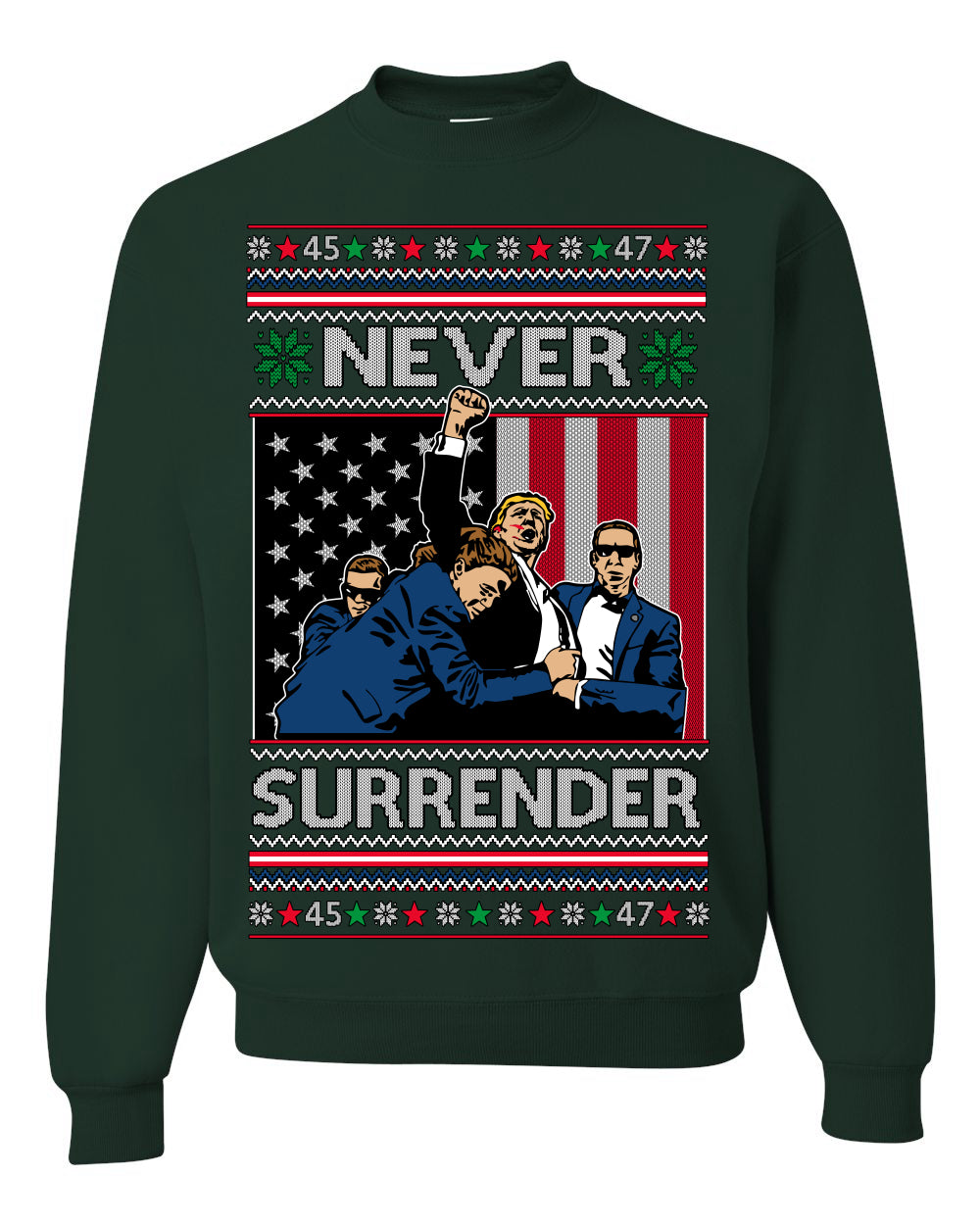 Never Surrender Pro Donald Trump Fight Fist Pump 2024 Ugly Christmas Sweater Crewneck Sweatshirt