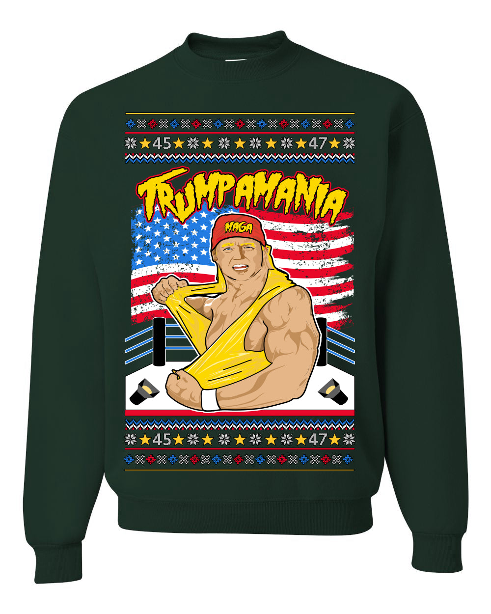 Trumpamania Funny Hogan 80s USA Wrestling Sports Parody Ugly Christmas Sweater Crewneck Sweatshirt