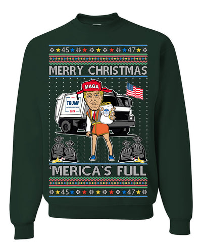 Donald Trump Merry Christmas Merica's Full Garbage Truck Ugly Christmas Sweater Crewneck Sweatshirt