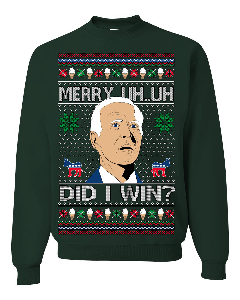 Merry Uh Did I Win? Funny Confused Joe Biden Election 2024 Ugly Christmas Sweater Crewneck Sweatshirt