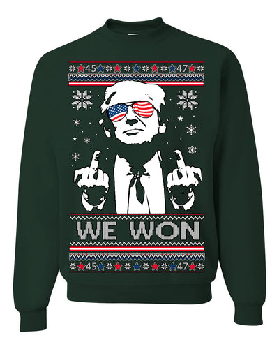 We Won Funny 45 47 President Trump Shot USA Glasses Ugly Christmas Sweater Crewneck Sweatshirt
