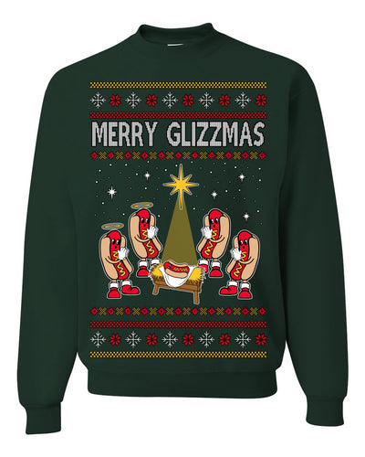 Merry Glizzmas, Funny Glizzy Hot Dog Baby Jesus Catholic Nativity, Fast Food Mustard Condiment Glizzys Humor Ugly Christmas Sweater Crewneck Sweatshirt