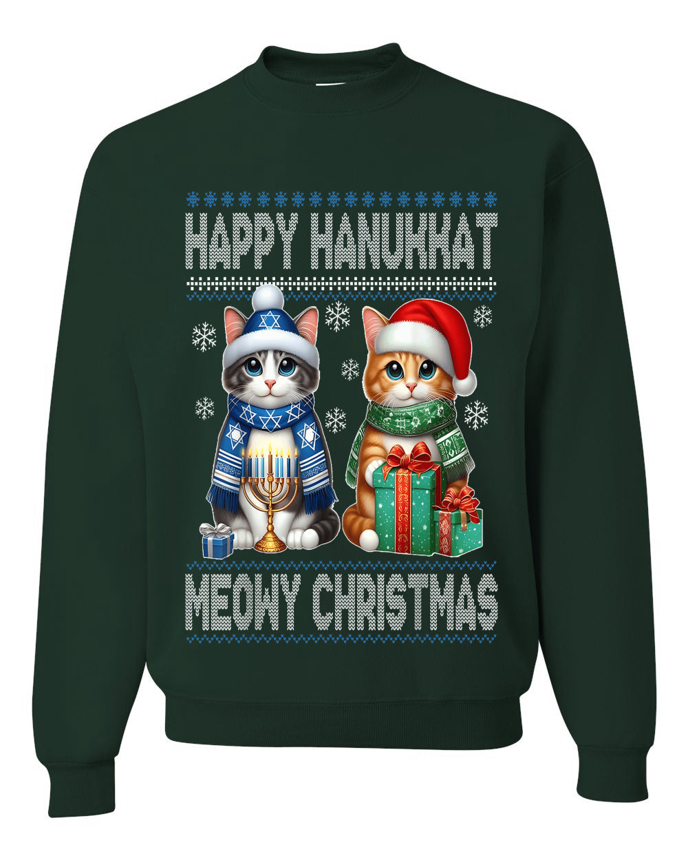 Happy Hanukkat Meowy Christmas, Unisex Ugly Christmas Sweater, Crewneck Sweatshirts
