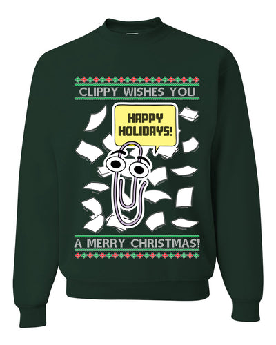 Clippy Wishes You A Merry Christmas Office Assistant, Unisex Ugly Christmas Sweater, Crewneck Sweatshirts