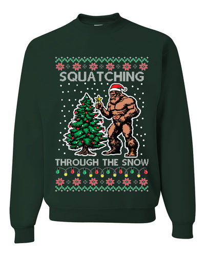Squatching Through The Snow Bigfoot, Unisex Ugly Christmas Sweater Crewneck Sweatshirts