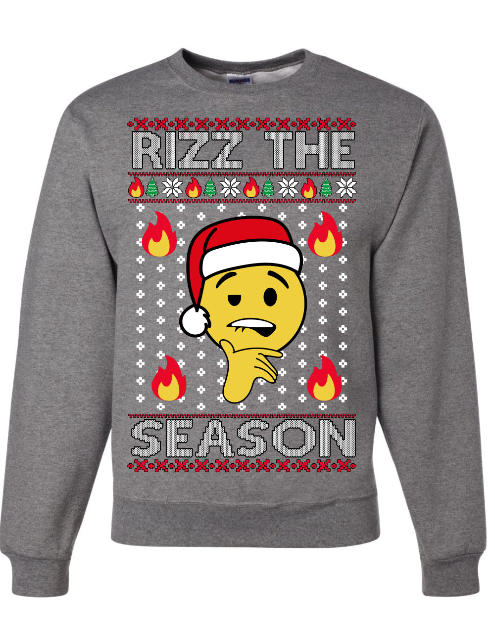 Rizz the Season Viral Internet Fire Emoji Face Meme Ugly Christmas Sweater Crewneck Sweatshirt
