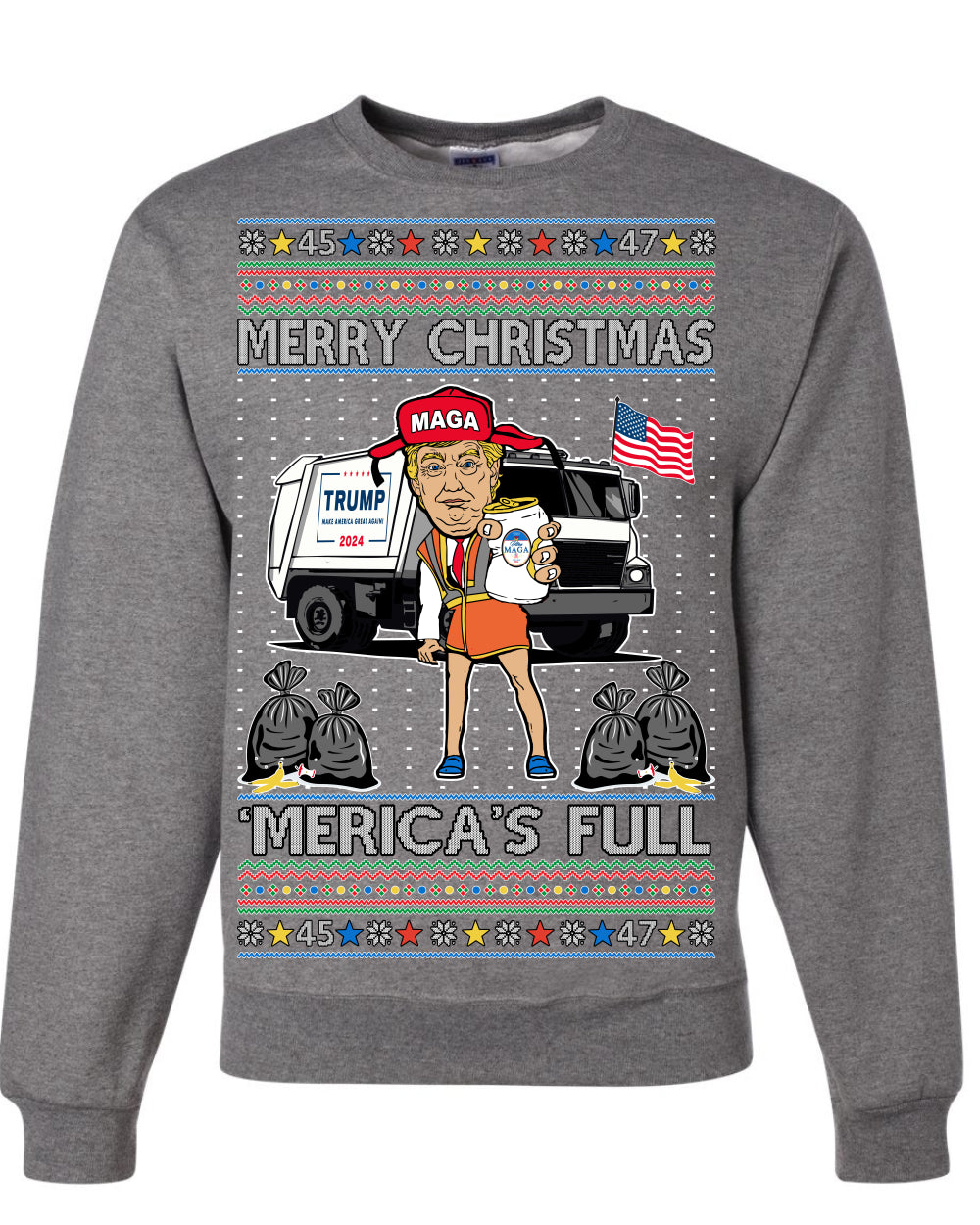 Donald Trump Merry Christmas Merica's Full Garbage Truck Ugly Christmas Sweater Crewneck Sweatshirt