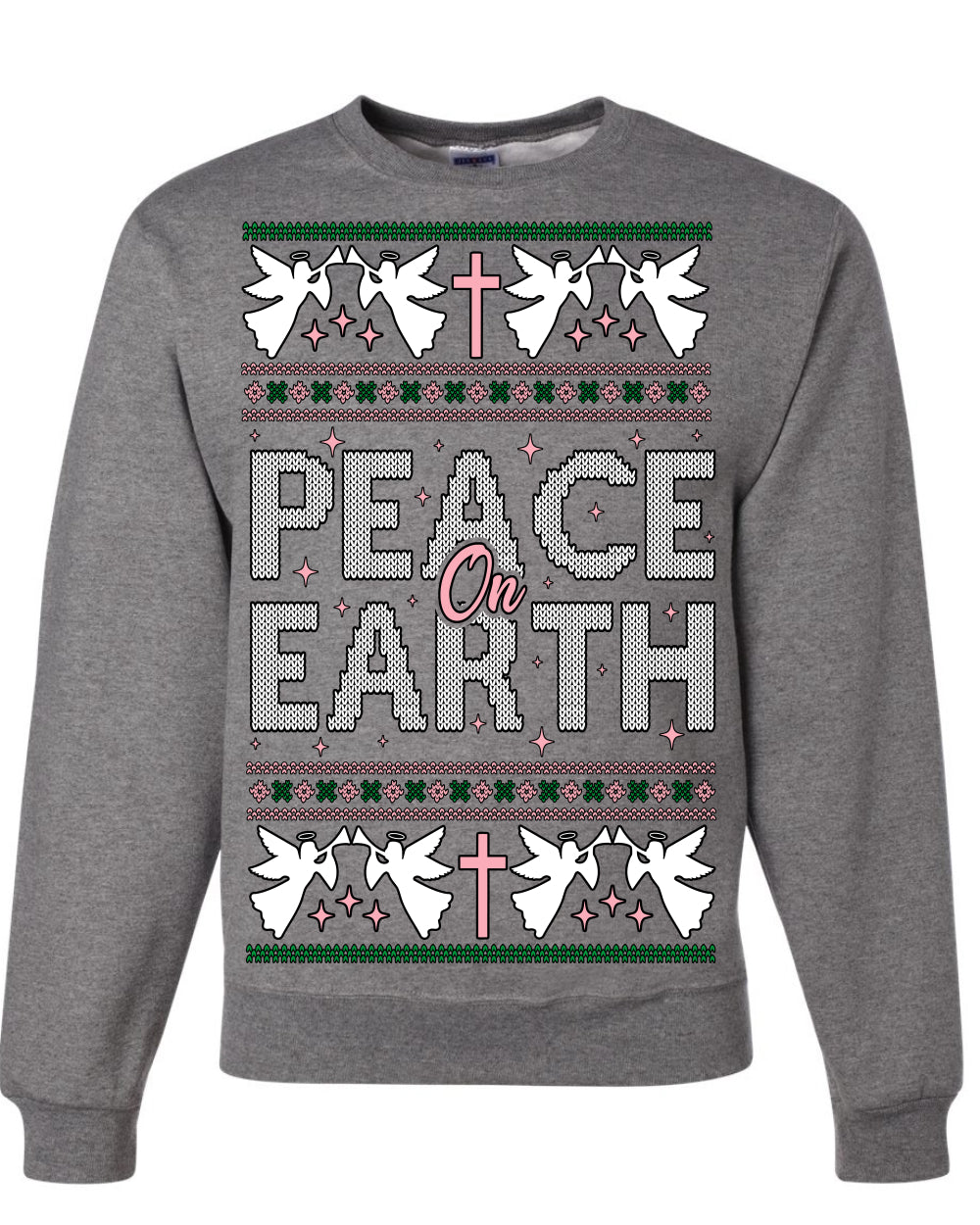 Peace On Earth Funny Xmas Cute Pink Angel Cross Ugly Christmas Sweater Crewneck Sweatshirt
