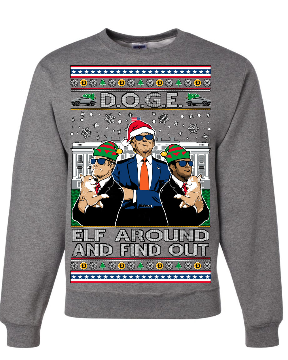 Doge Elf Around and Find Out Trump Elon Vivek MAGA Ugly Christmas Sweater Crewneck Sweatshirt