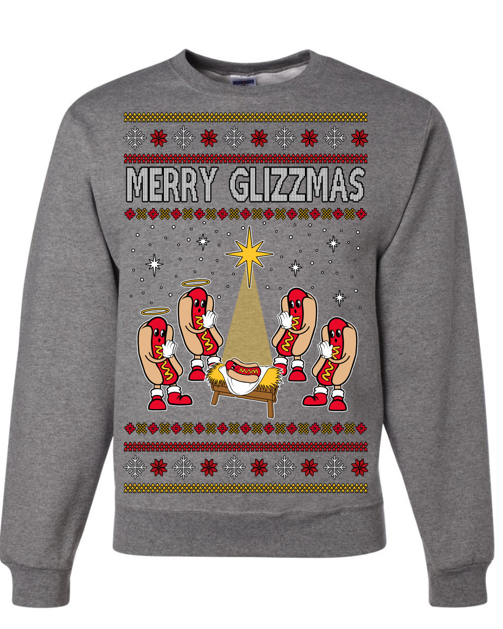 Merry Glizzmas, Funny Glizzy Hot Dog Baby Jesus Catholic Nativity, Fast Food Mustard Condiment Glizzys Humor Ugly Christmas Sweater Crewneck Sweatshirt