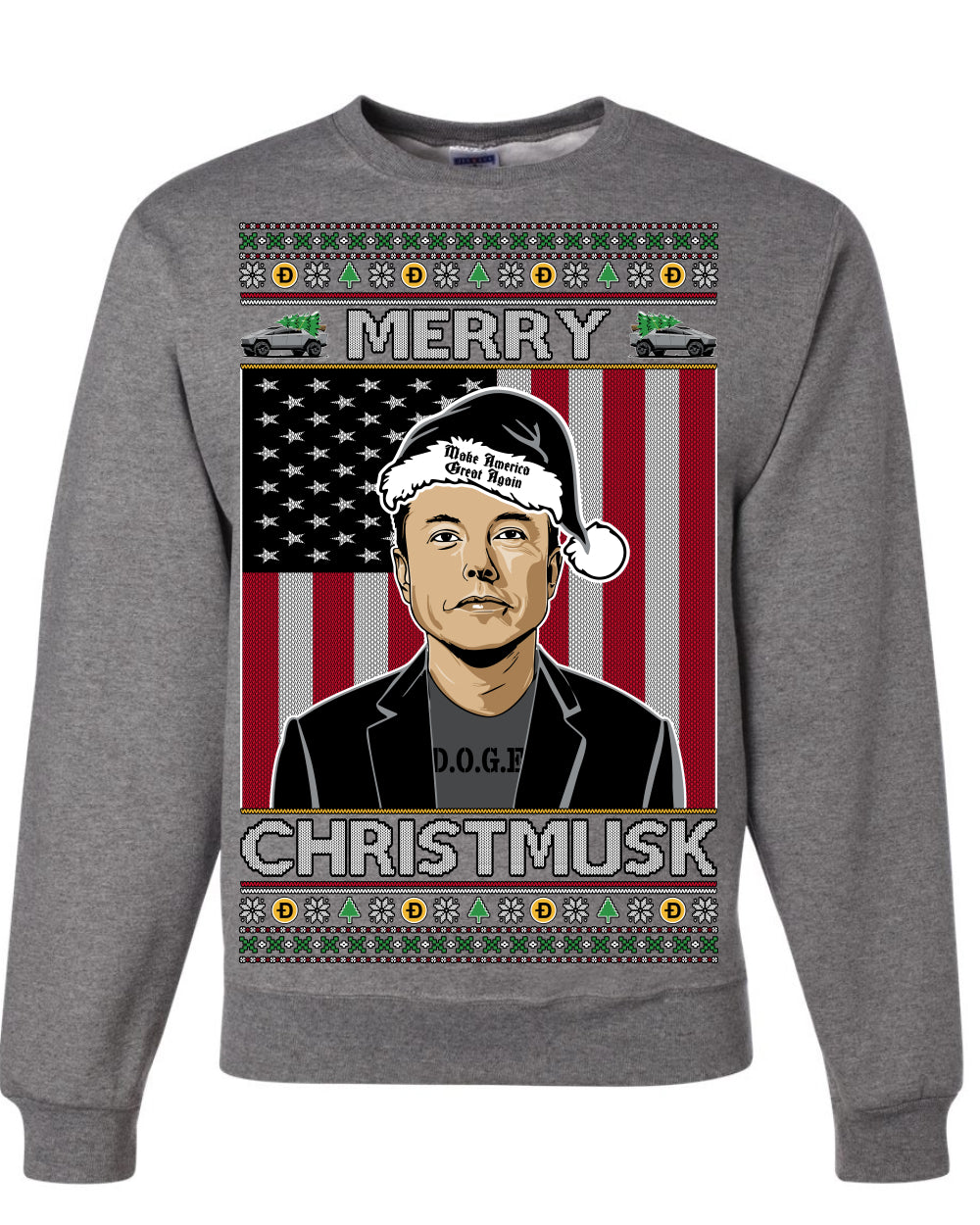 Merry Christmusk Funny Dark MAGA Santa Elon Doge Meme Ugly Christmas Sweater Crewneck Sweatshirts