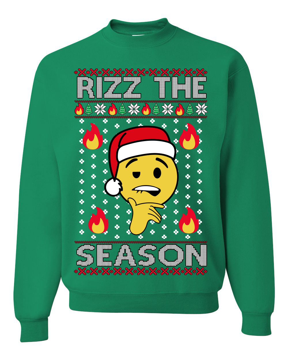 Rizz the Season Viral Internet Fire Emoji Face Meme Ugly Christmas Sweater Crewneck Sweatshirt