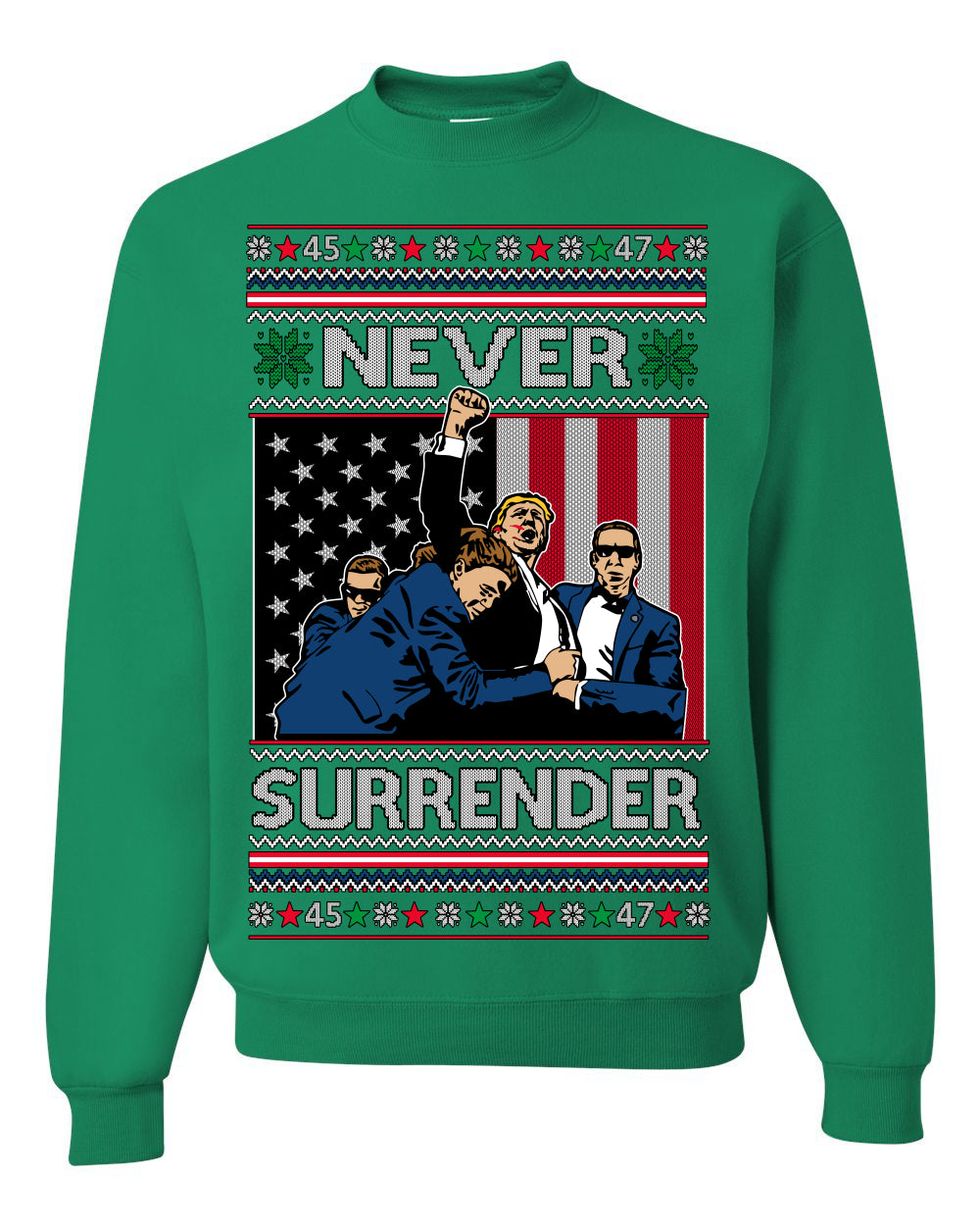 Never Surrender Pro Donald Trump Fight Fist Pump 2024 Ugly Christmas Sweater Crewneck Sweatshirt