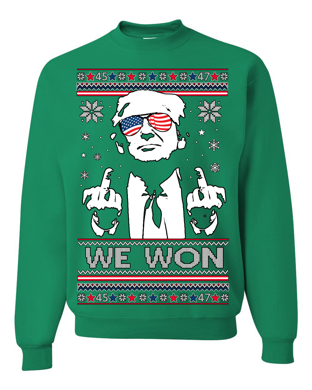 We Won Funny 45 47 President Trump Shot USA Glasses Ugly Christmas Sweater Crewneck Sweatshirt